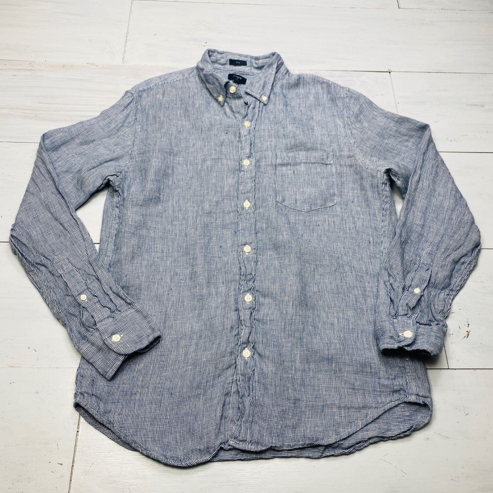 J.Crew Linen Shirt Mens Medium Blue White Micro Check Slim Fit Button Down E8099